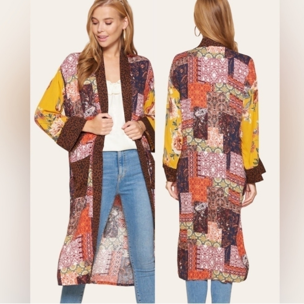 CLEARANCE! Bohemian Boho Print Block Kimono FP cardigan open front duster NEW!